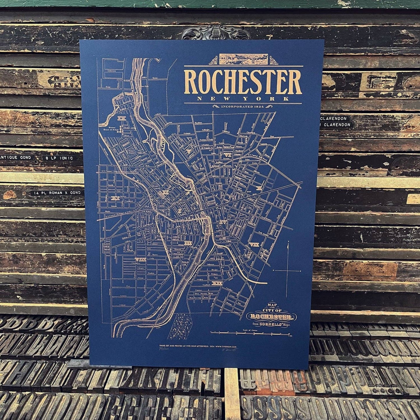 Rochester New York 1872 Map Print 14 x 20: Blue/Copper type high