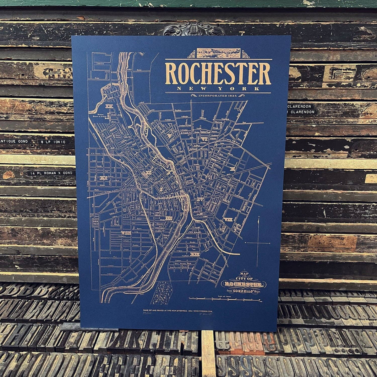 Rochester New York 1872 Map Print 14 x 20: Gray/Silver type high