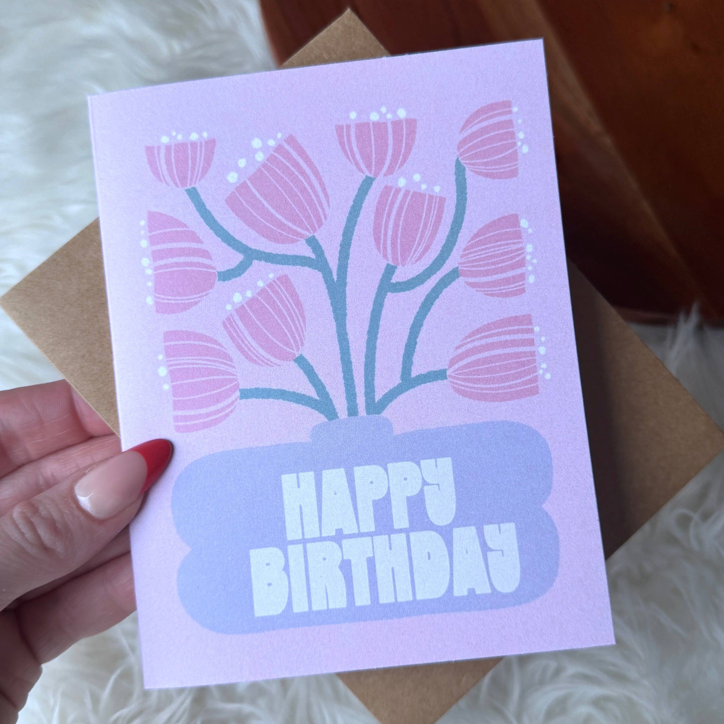 Happy Birthday Pink Flowers Purple Vase Abstract Card