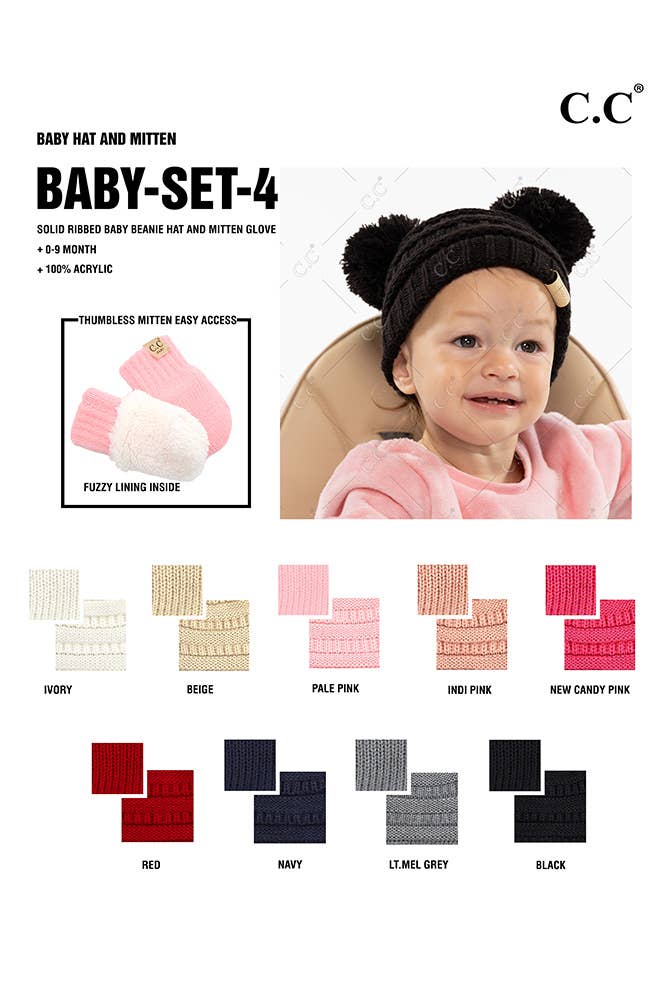 C.C Baby Solid Ribbed Pom Beanie and Mitten Glove: Light Melange Gray