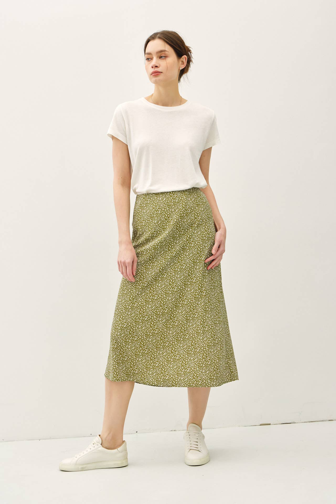 PRINT MIDI SKIRT WITH ELASTIC WAISTBAND: Indigo / M