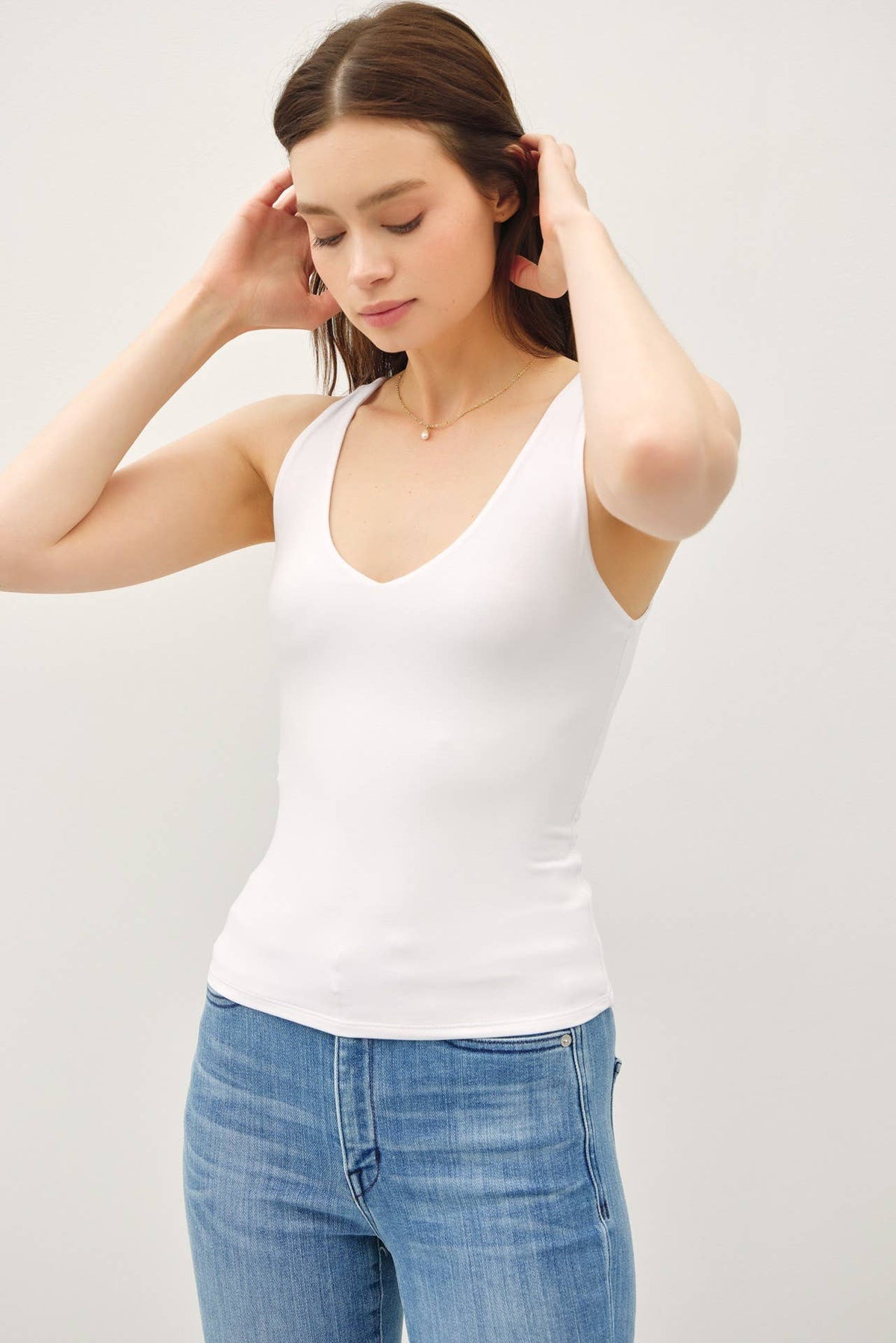 BASIC FULL LENGTH V-NECK TANK:White / S