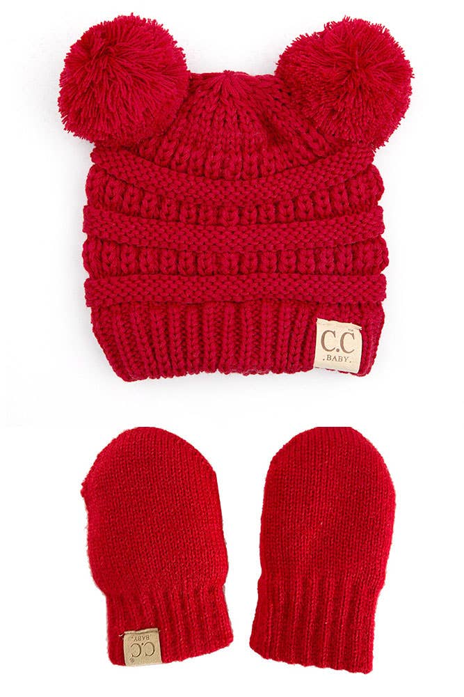 C.C Baby Solid Ribbed Pom Beanie and Mitten Glove: Red