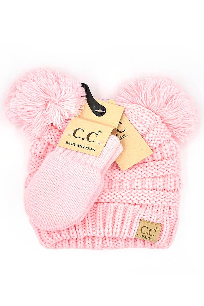 C.C Baby Solid Ribbed Pom Beanie and Mitten Glove: Red