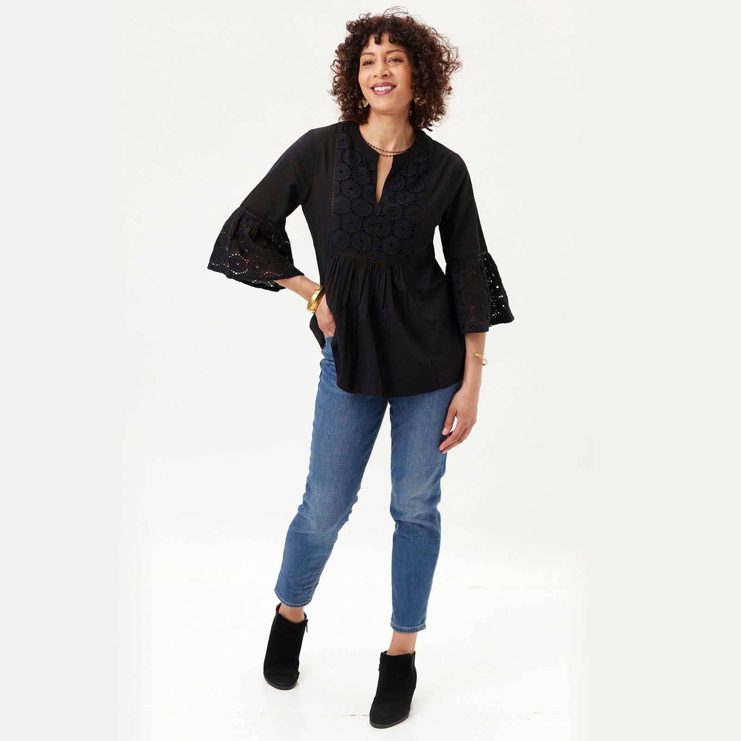 BLACK EYELET Tunic with Bell Sleeve: L