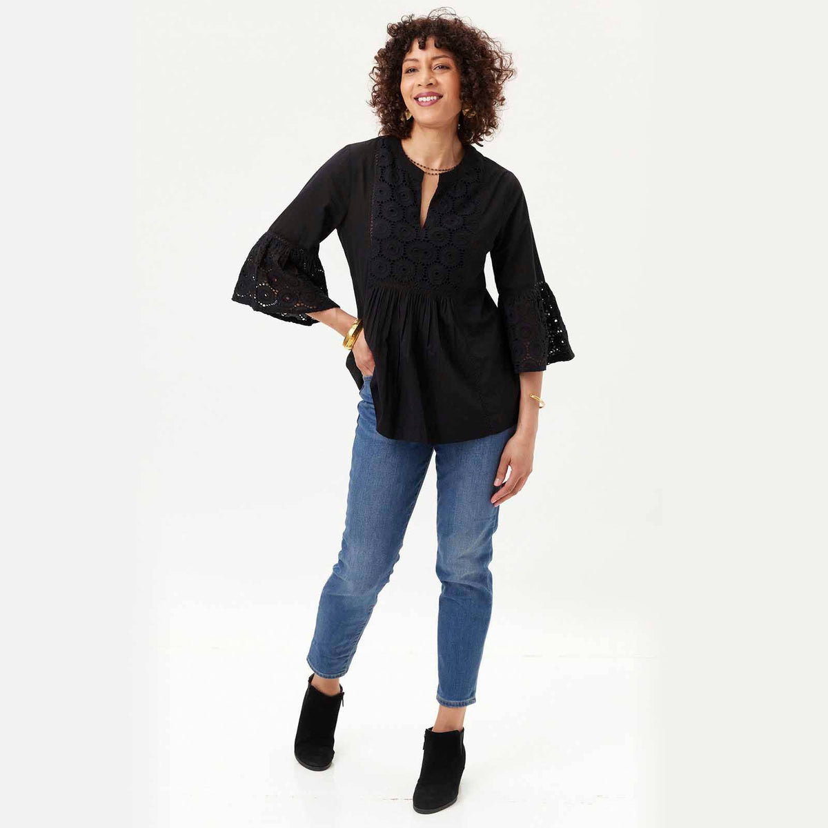 BLACK EYELET Tunic with Bell Sleeve: M