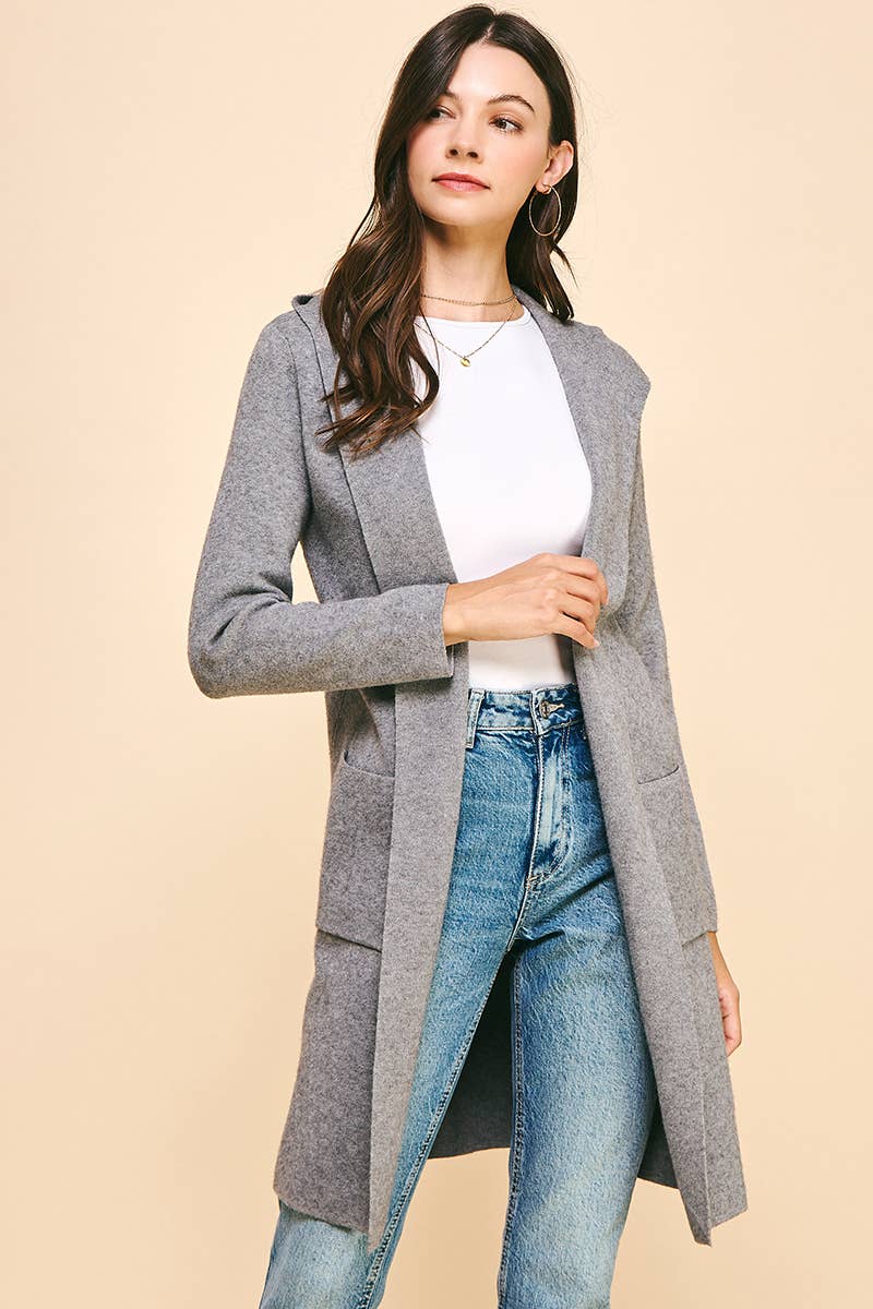 OPEN KNIT hooded CARDIGAN - WARM GREY: ML