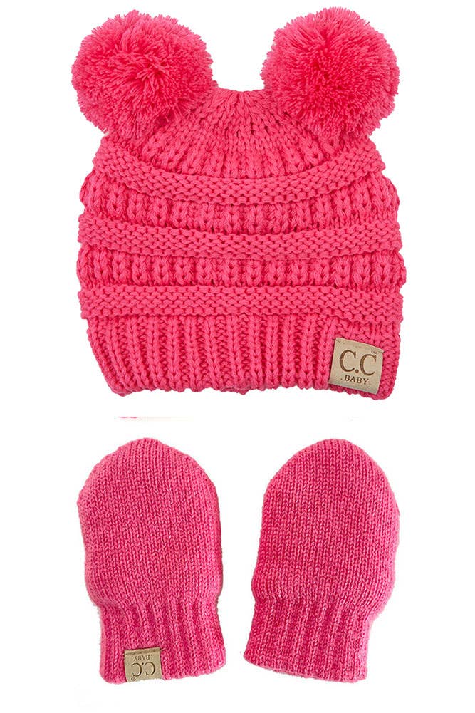 C.C Baby Solid Ribbed Pom Beanie and Mitten Glove: Pale Pink