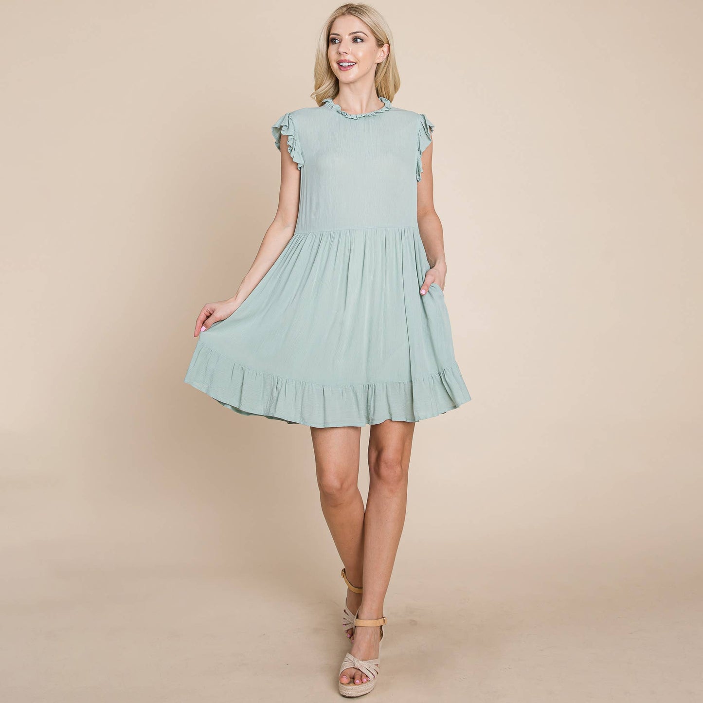 Sleeveless Babydoll Ruffled dress with pockets: Sage / Small 4-6