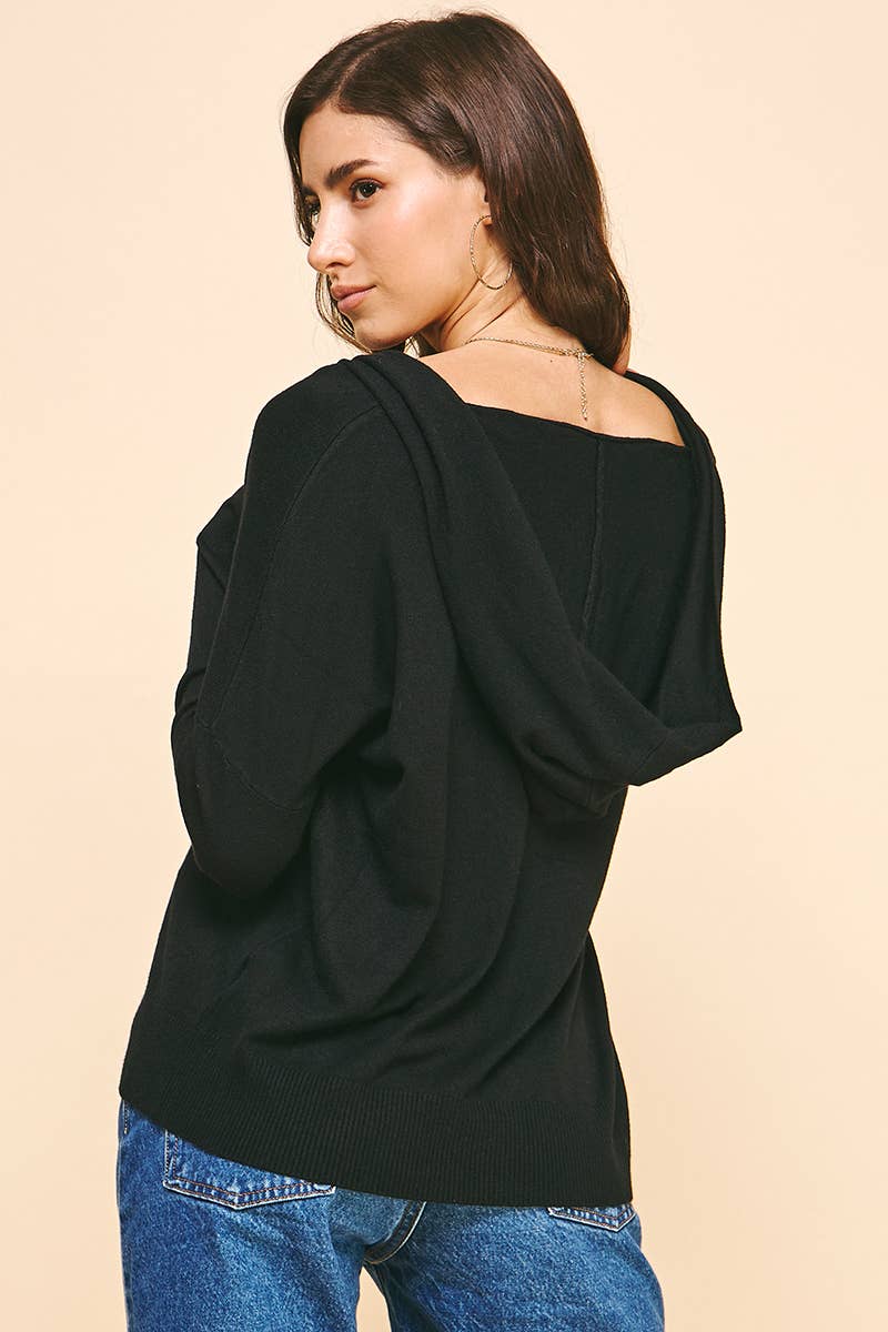 HOODED SWEATER CARDIGAN - BLACK: L