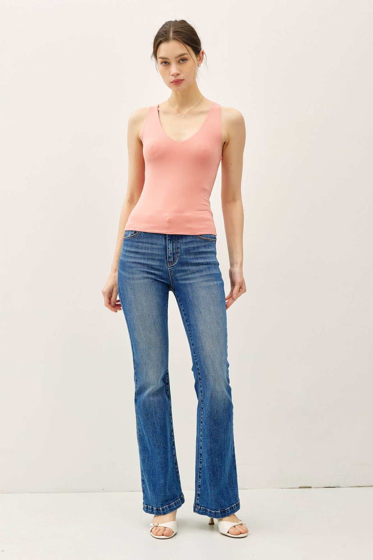 BASIC FULL LENGTH V-NECK TANK:White / L