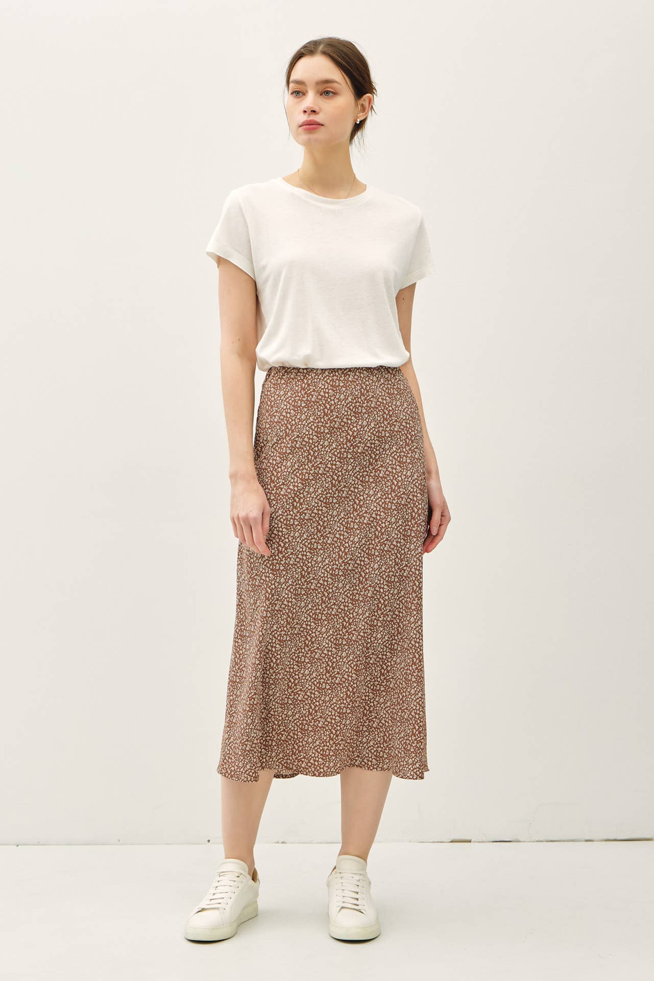 PRINT MIDI SKIRT WITH ELASTIC WAISTBAND: Indigo / M