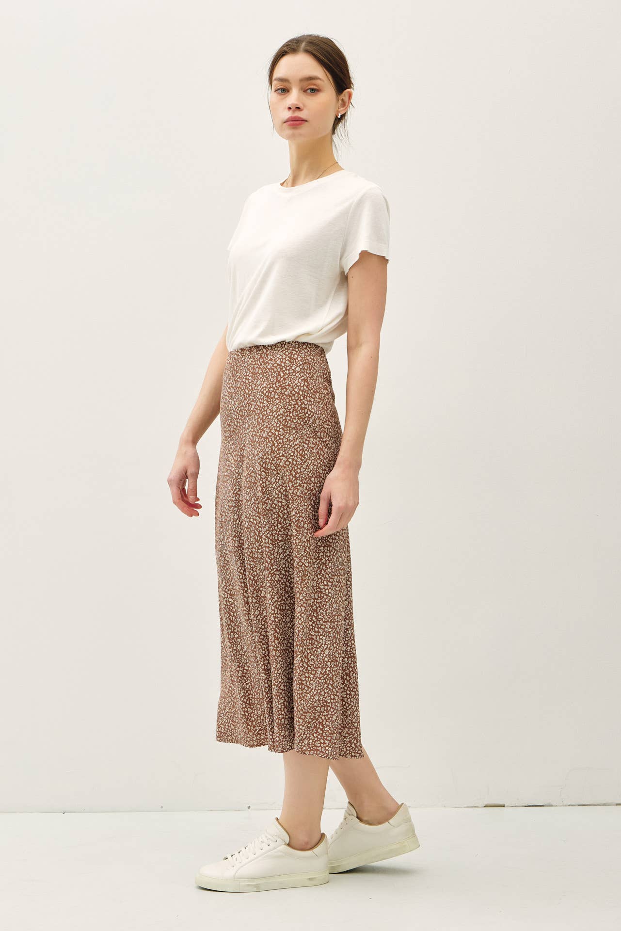 PRINT MIDI SKIRT WITH ELASTIC WAISTBAND: Indigo / M