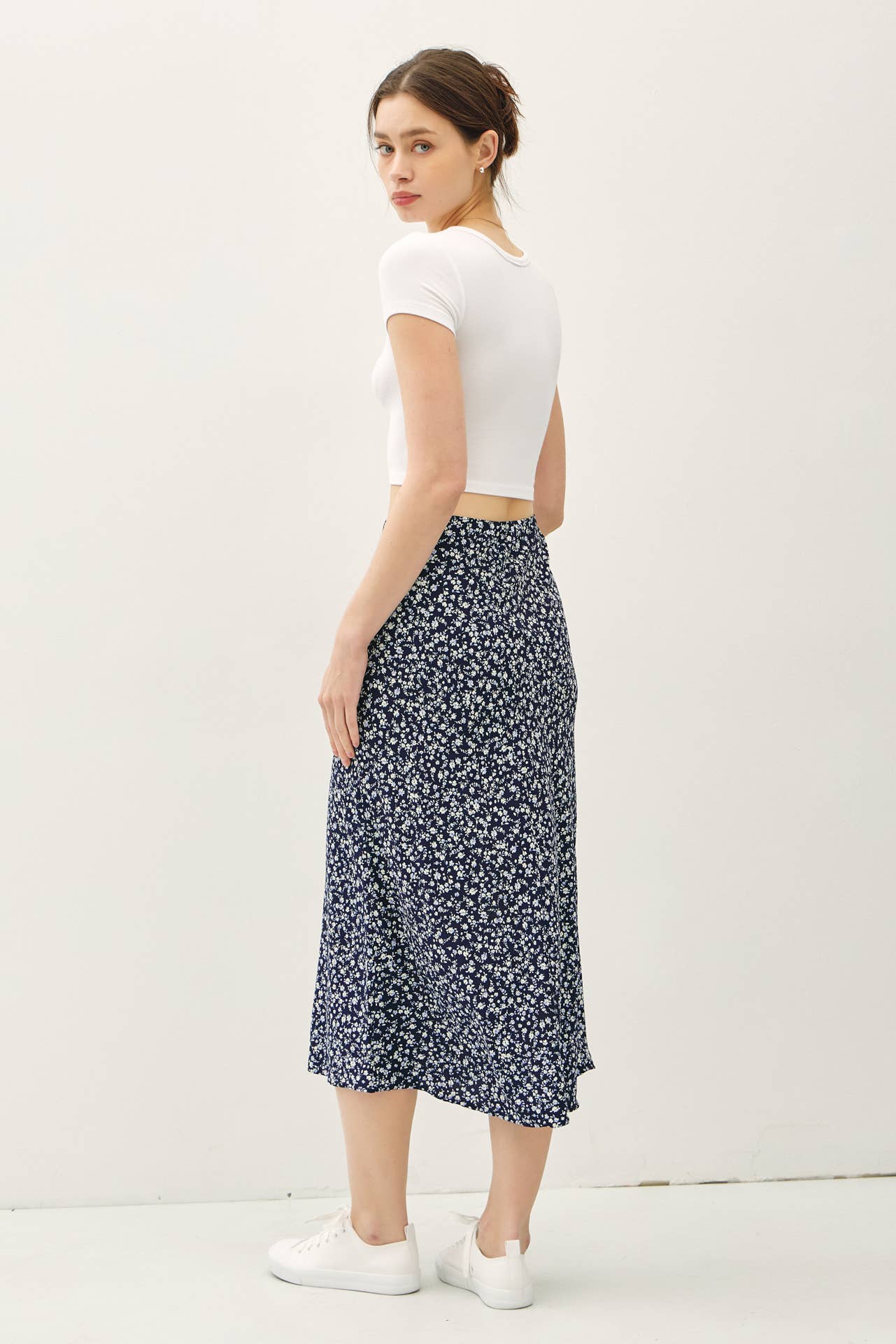 PRINT MIDI SKIRT WITH ELASTIC WAISTBAND: Indigo / M