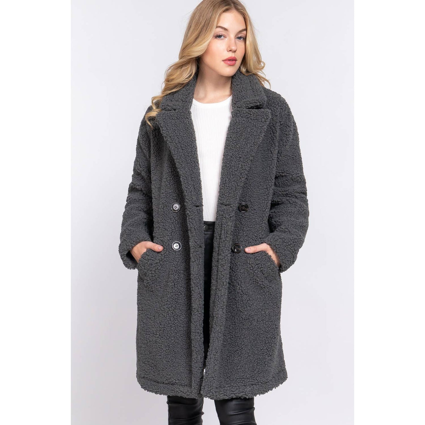 DOUBLE BREASTED FAUX FUR TEDDY COAT: GRY-CHARCOAL / M