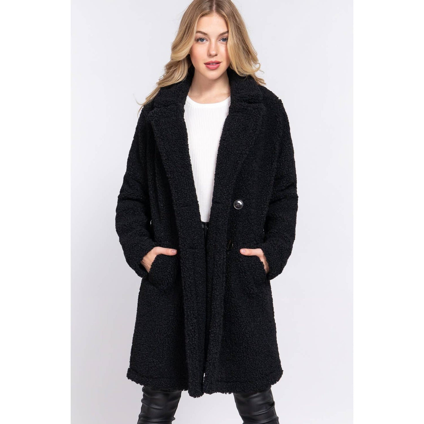 DOUBLE BREASTED FAUX FUR TEDDY COAT: GRY-CHARCOAL / M