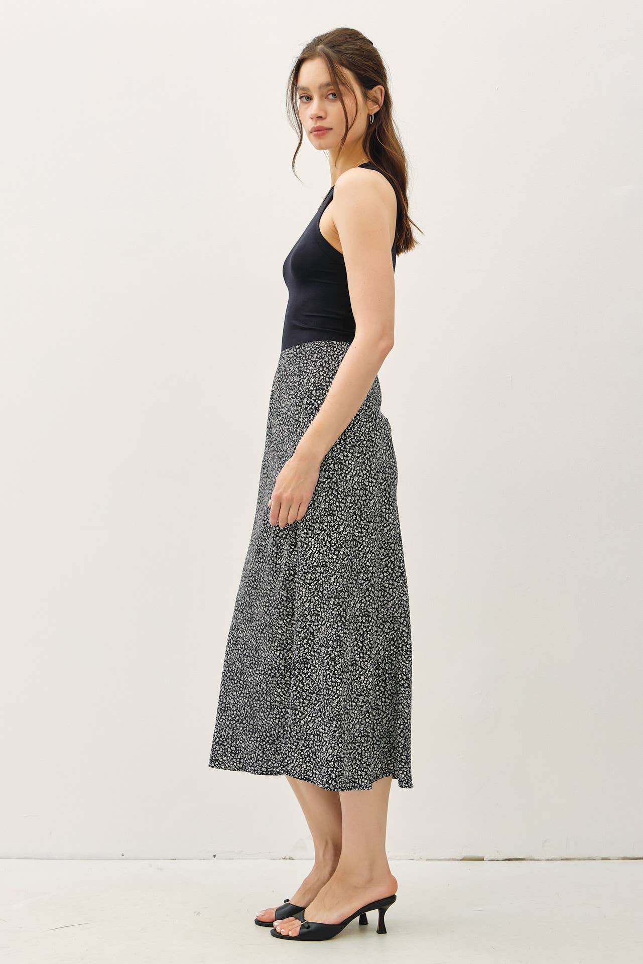 PRINT MIDI SKIRT WITH ELASTIC WAISTBAND: Indigo / M