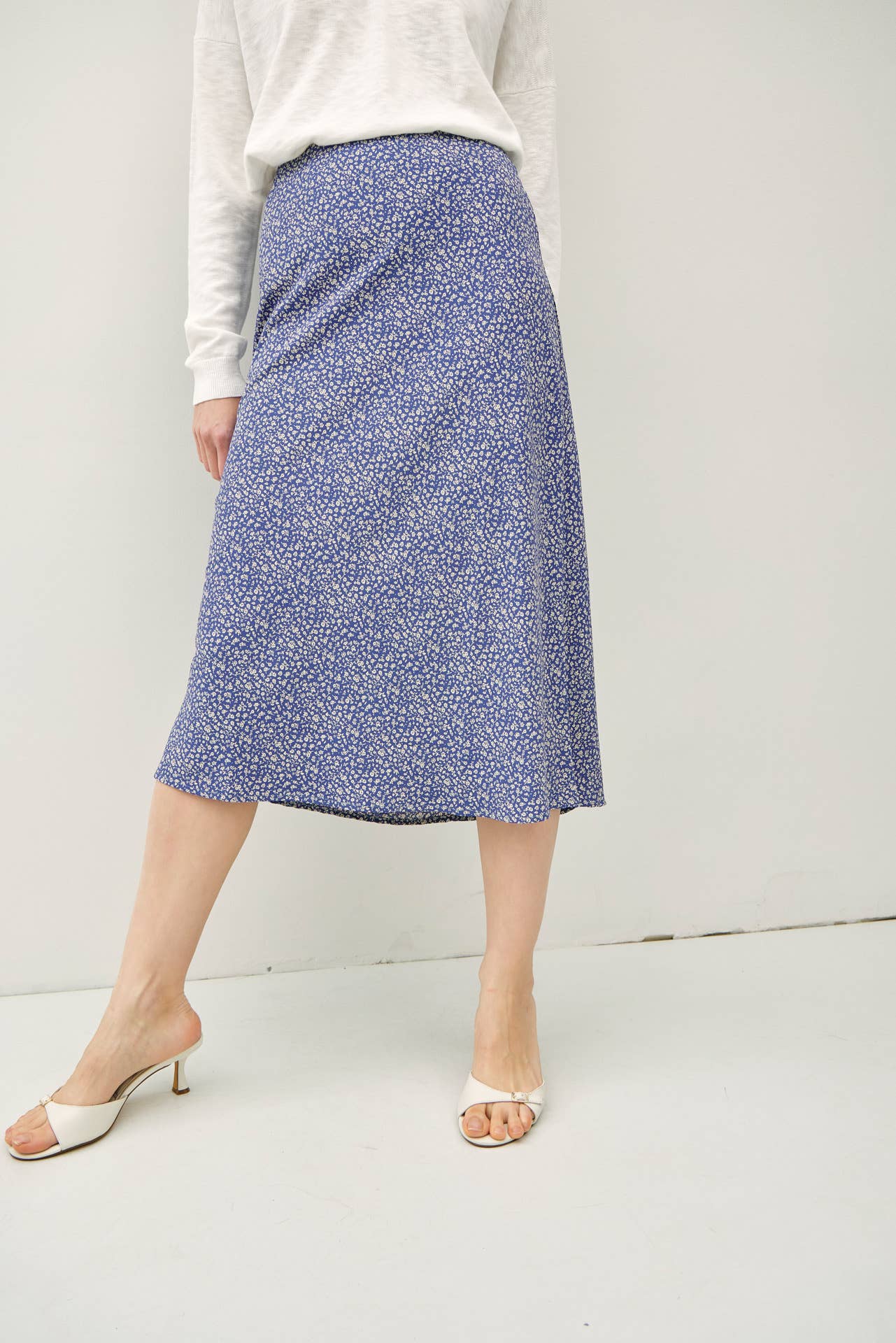 PRINT MIDI SKIRT WITH ELASTIC WAISTBAND: Indigo / M