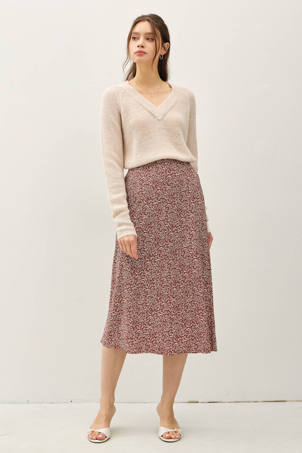PRINT MIDI SKIRT WITH ELASTIC WAISTBAND: Indigo / M