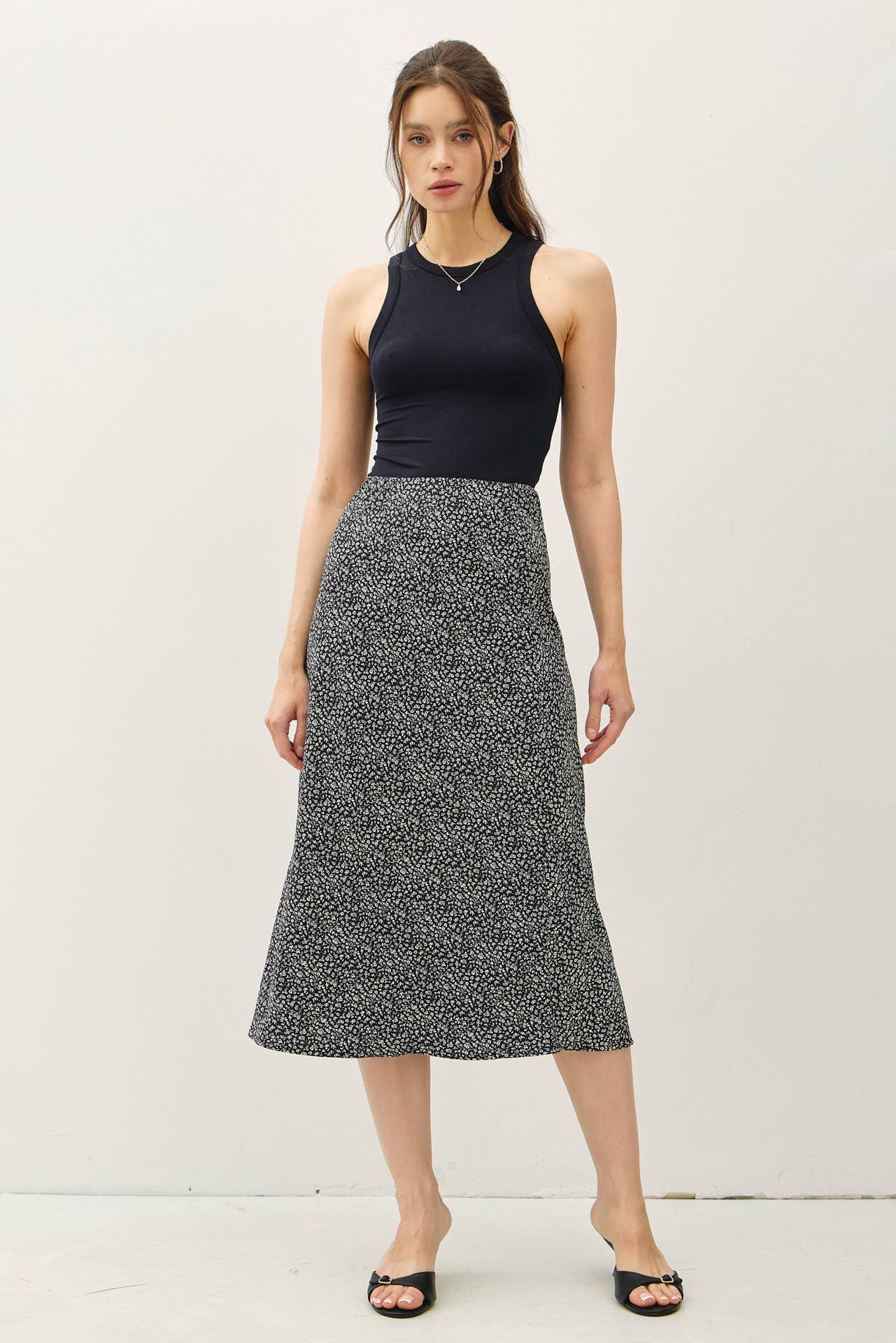 PRINT MIDI SKIRT WITH ELASTIC WAISTBAND: Indigo / M