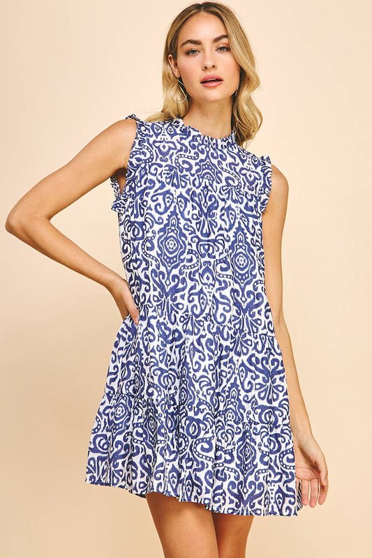 PRINT TIERED MINI DRESS - DUSTY NAVY: L