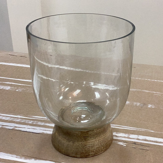 Glass & mango wood footed vase/ hurricane/candle holder