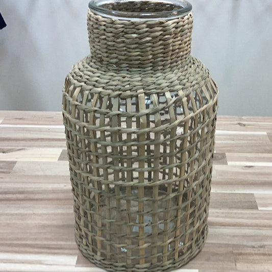 Glass vase/hurricane with woven sleeve