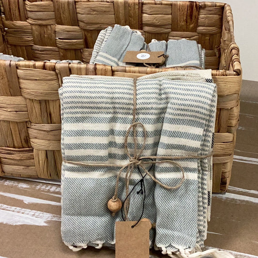 Woven cotton tea towels w/ stripes, jute and wood bead tie set of 3