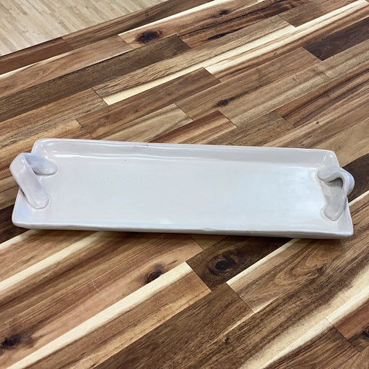 Stoneware tray with handles, reactive glaze