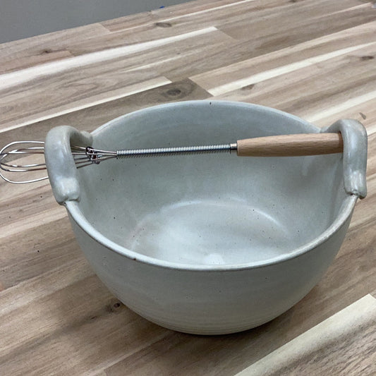 Stoneware bowlwood and metal wisk