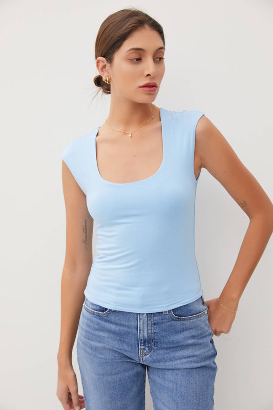 BASIC CAP SLEEVE KNIT TOP: Large / Sky