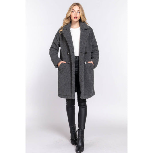 DOUBLE BREASTED FAUX FUR TEDDY COAT: GRY-CHARCOAL / M