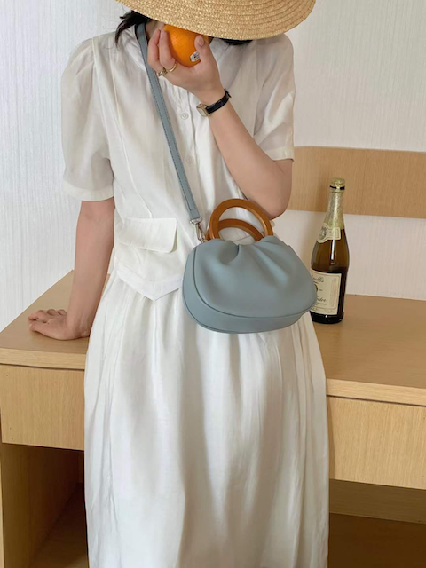 P23069B Mini Wood Handle Purse Crossbody Bag (Curve Bottom): 03 Sky Blue