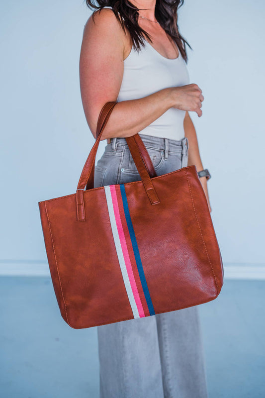 Cognac + Multi Stripe Leather Tote Bag w/ Stripe Strap