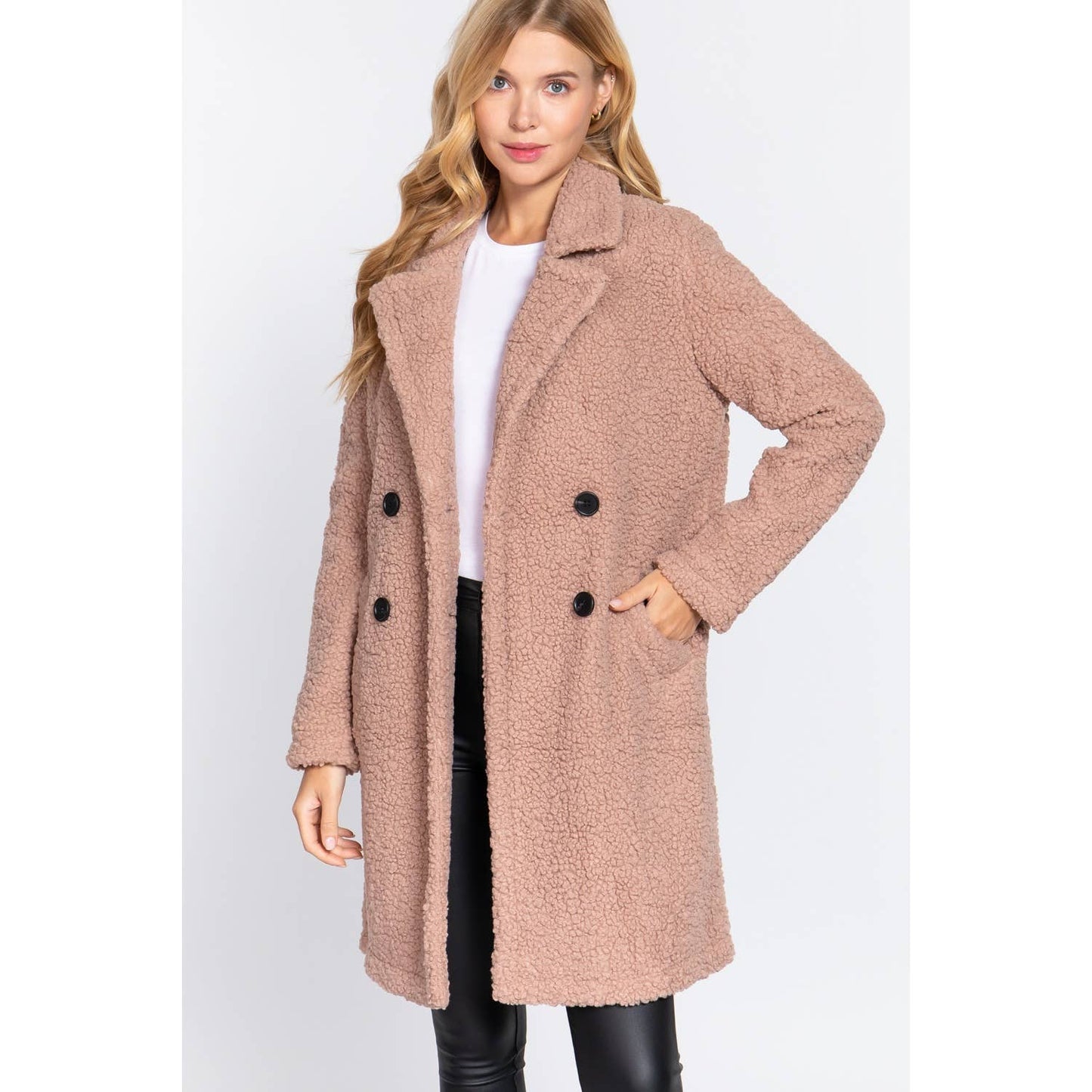 DOUBLE BREASTED FAUX FUR TEDDY COAT: PINK MAUVE / L