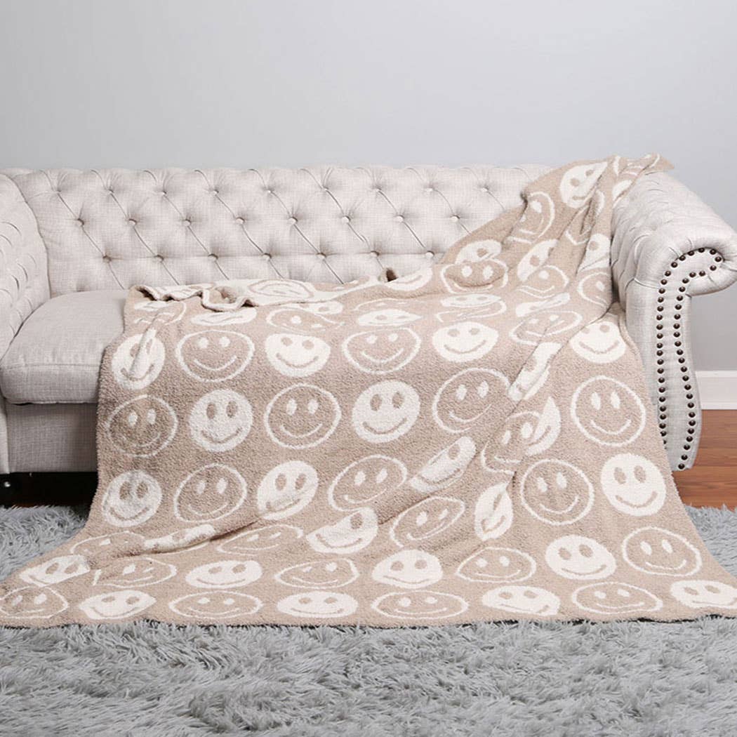 Happy Face Patterned Throw Blanket…beige