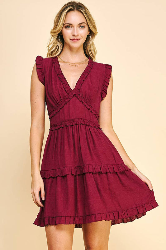 V-NECK RUFFLE MINI DRESS - MAROON: L