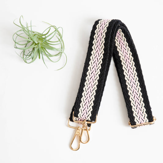 Guitar Style Strap - Black, Pink & White Woven