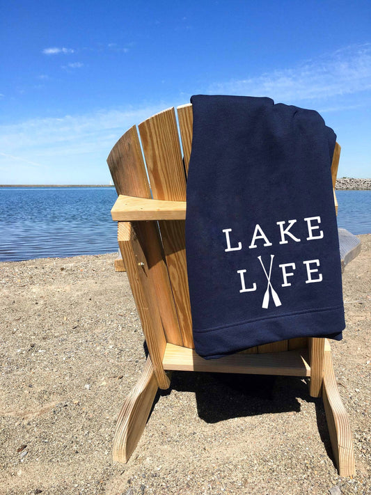 Lake Life Beach Blanket - Camping Sweatshirt Blanket: NAVY