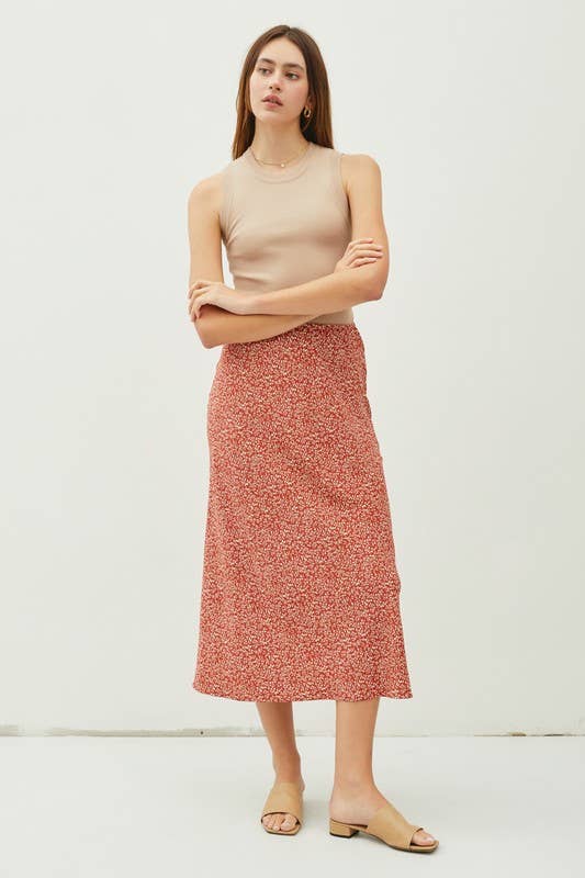 FLORAL PRINT MIDI SKIRT WITH ELASTIC WAISTBAND: Red Orange / S