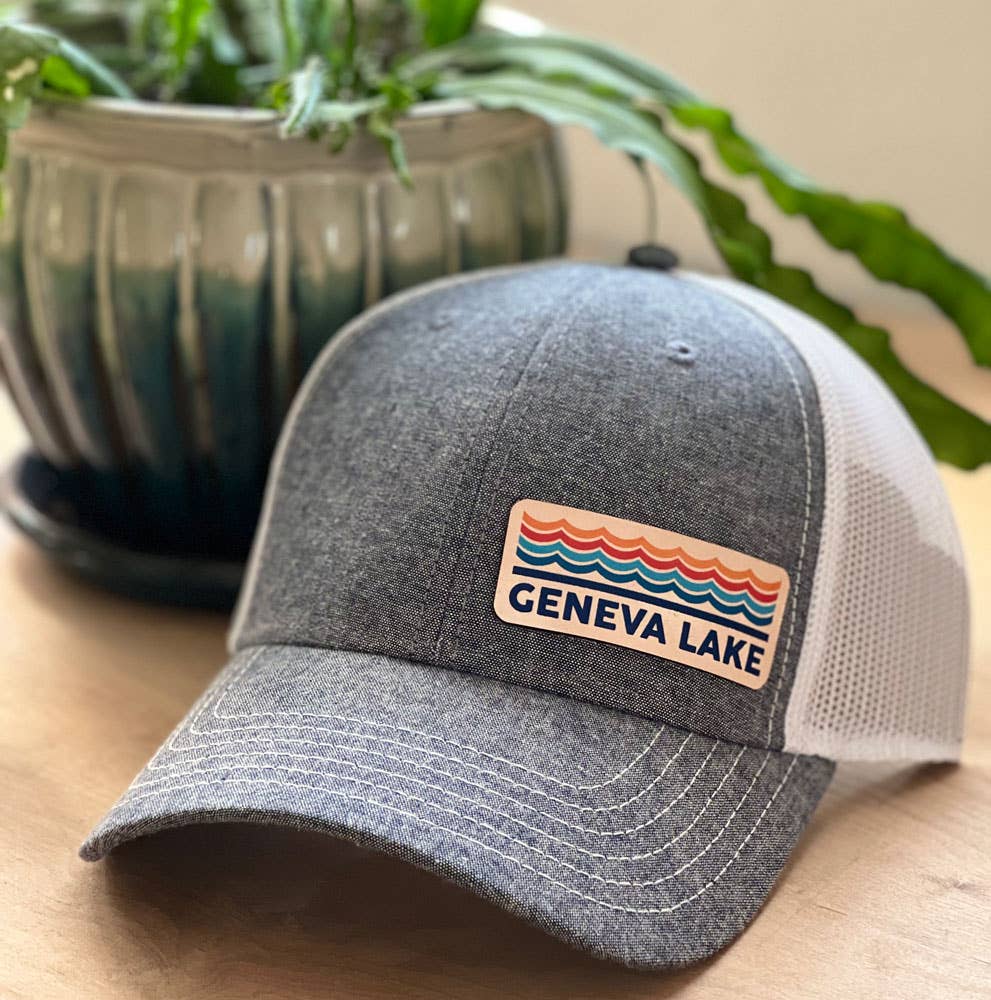 Retro Wave - Leather Patch Hat: Black/White Mesh…Keuka lake