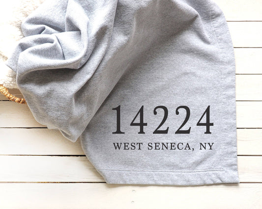 Custom Zip Code City & State Sweatshirt Throw Blanket Grey 14618