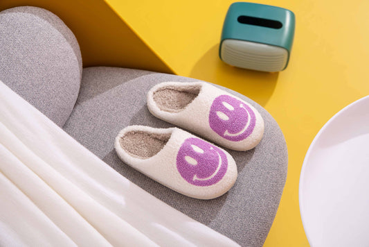 Happy Face Comfort Fluffy Fur Slider Slipper for adult: Large / White/Purple…41-42