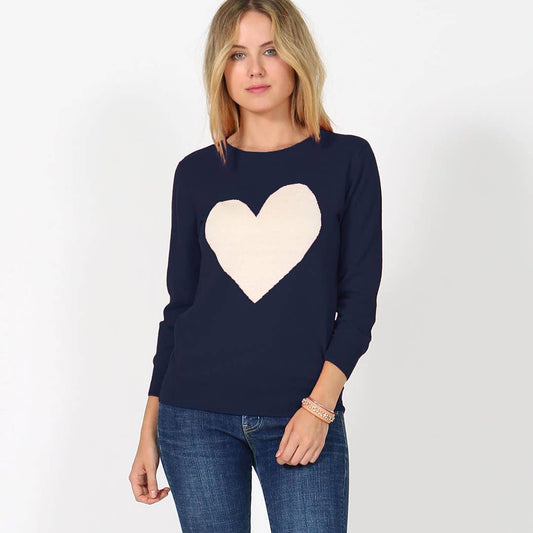 ....SI-6396 Sweet cute heart valentine pullover sweater: Navy/Oatmeal-151442 / L