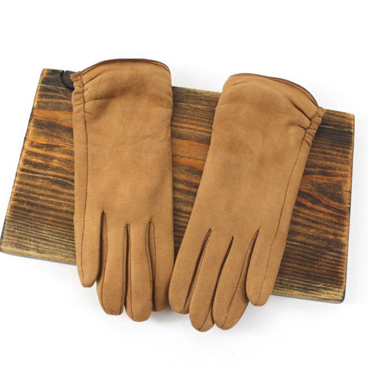 Rouched Suede-Like Gloves: Camel