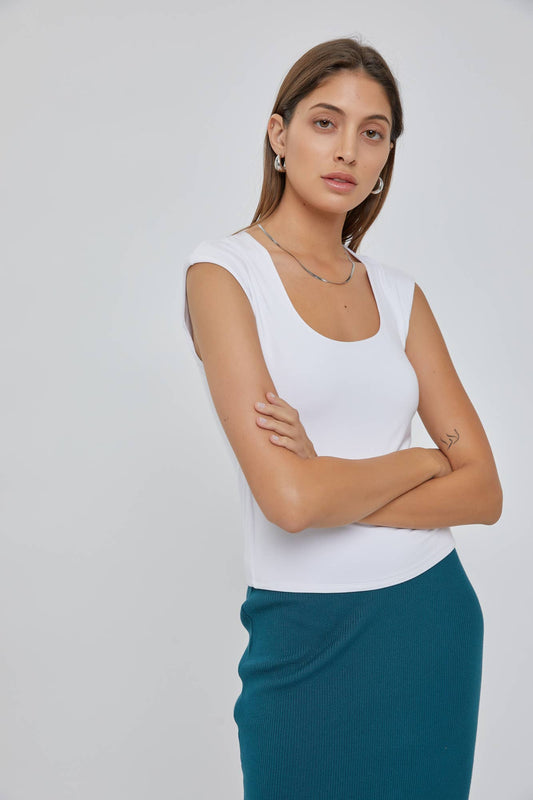 BASIC CAP SLEEVE KNIT TOP: Large / Off White