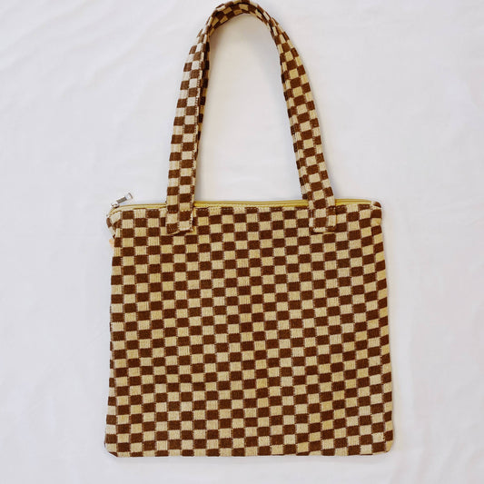 Check Yourself Zipped Tote Bag: Brown