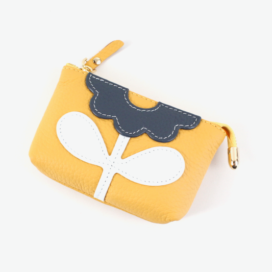 Flower Applique Leather Coin Purse: Yellow